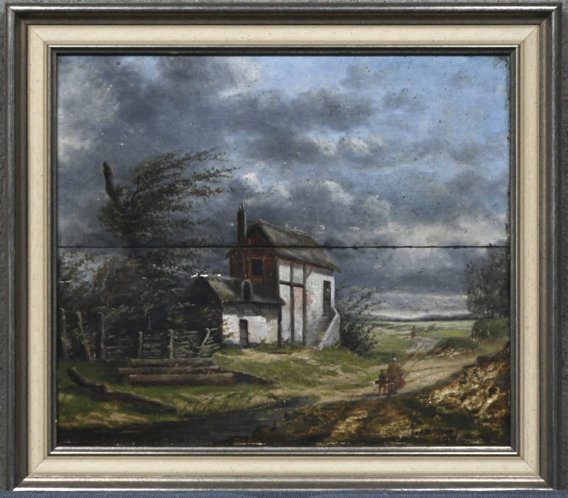 “Landschap met boerderij”. Een schilderij, olieverf op paneel. Bestaande uit 2 panelen met horizontale splitsing. Onderaan gesigneerd en gedateerd. Met schilferschade.