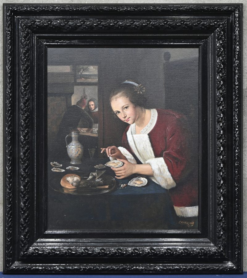 “Het oestereetstertje”. Olieverfreproductie op doek. Onderaan gesigneerd. Naar schilderij van Jan Steen.