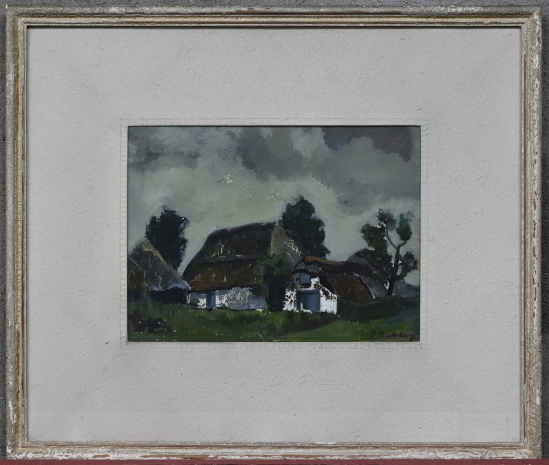 “Hoevelandschap”. Een schilderij, olieverf op paneel. Onderaan gesigneerd.