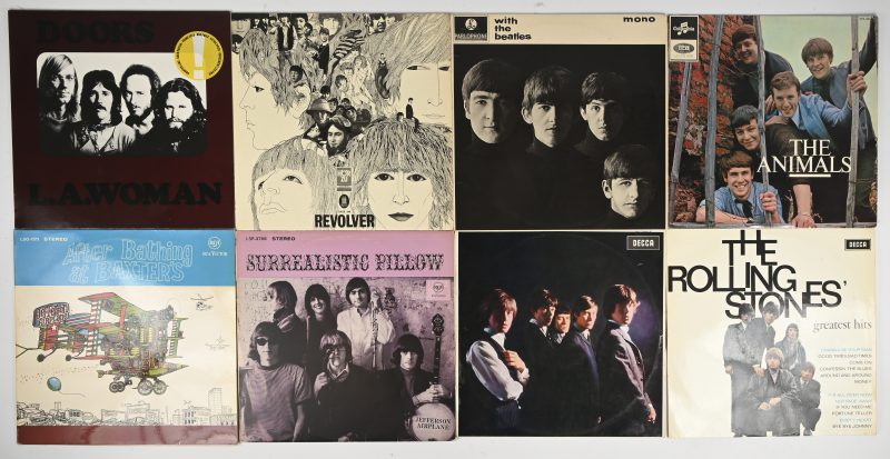Acht langspeelplaten. The Animals, “Titelloos” (1964). The Beatles, “With the” (UK 1963), “Revolver” (Duitsland 1966). The Doors, “L.A. Woman” (1980?). Jefferson Airplane, “After Bathing at Baxter’s” (U.S. 1967), “Surrealistic Pillow” (U.S. 1967). The Rolling Stones, “Titelloos” (U.K. 1964), “Greatest Hits” (Nederland 1964.