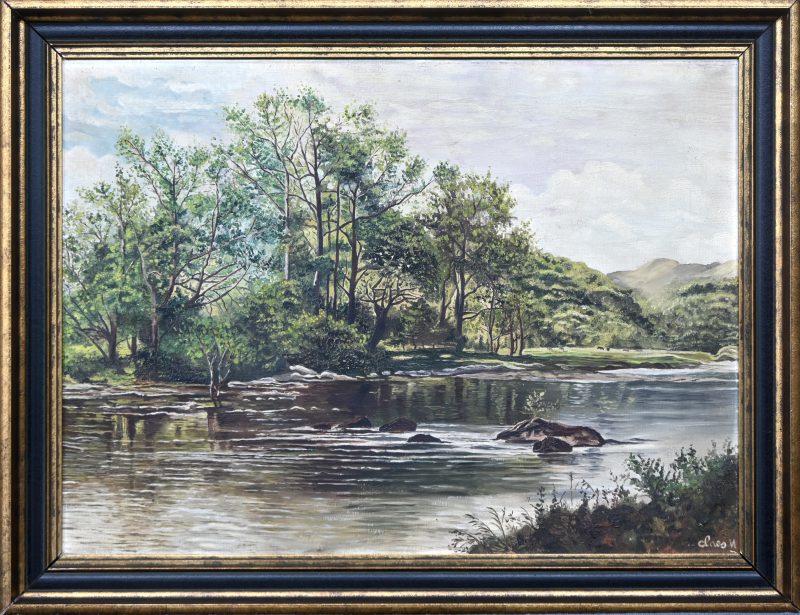 ‘Heuvellandschap met rivier’, olieverf op doek, gesigneerd Claes N.