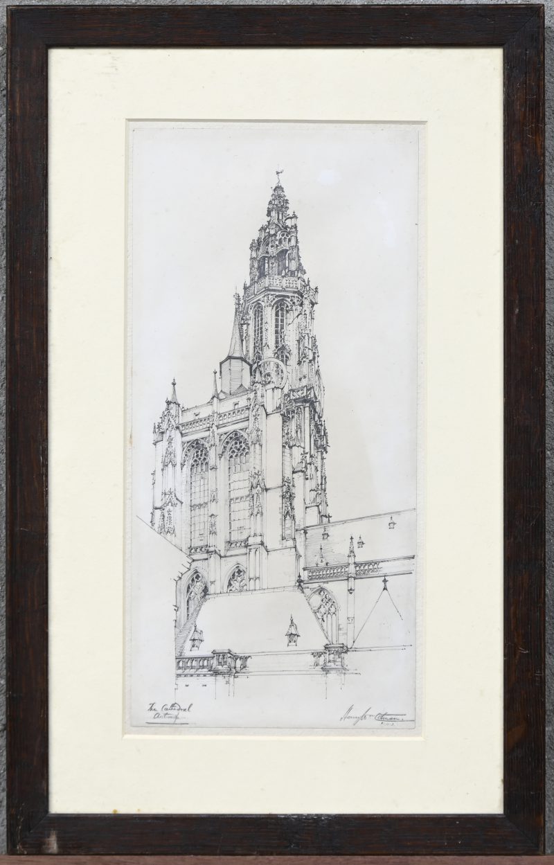 “The Cathedral, Antwerp”. Potloodtekening. Getiteld en gesigneerd. Diverse tentoonstellingen en uit bezit van de familie van de kunstenaar.