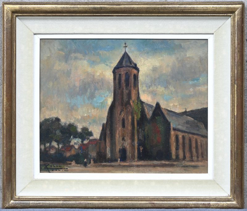 “Église à Knokke”. Een schilderij, olieverf op paneel. Onderaan gesigneerd, verso getiteld.