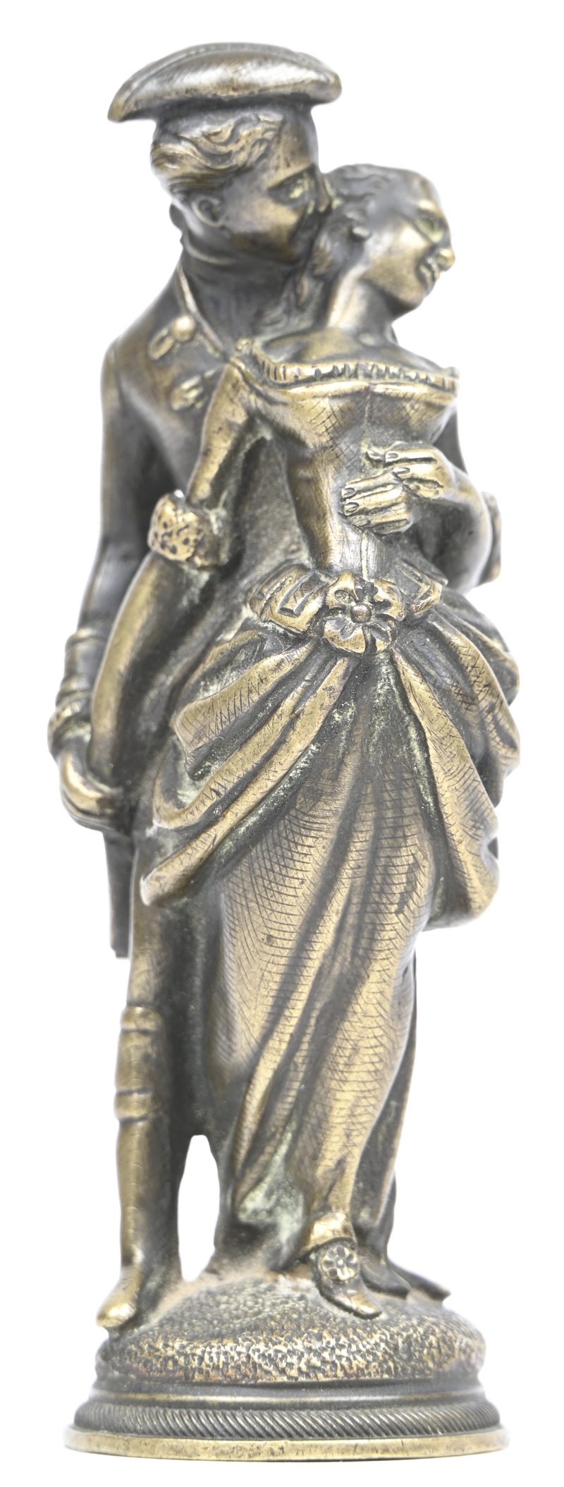 Een bronzen beeldje van een ontluikende liefde tussen en jonkheer en een jonkvrouw.