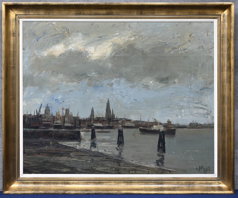 “Grijs Weder (Antwerpse Skyline)”. Een schilderij, olieverf op doek. Onderaan gesigneerd, verso gesigneerd en getiteld.