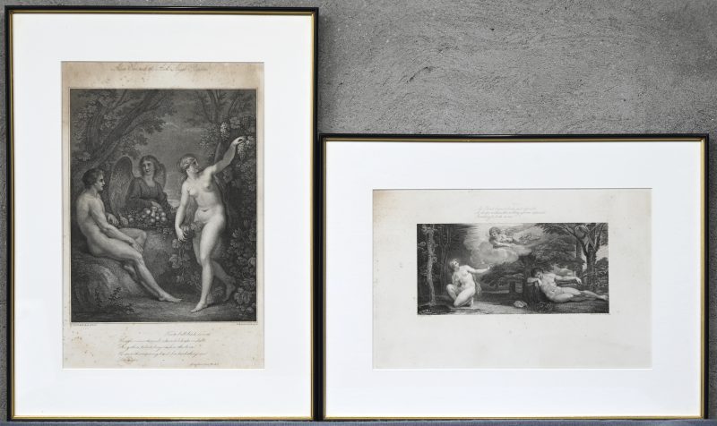 Een lot van 2 19e eeuwse etsen van Francesco Bartolozzi uit de reeks ‘Paradise Lost’.