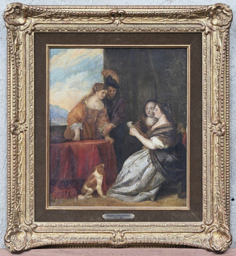 “De Brief”. Een schilderij, olieverf op paneel. Onderaan gesigneerd.Oude toeschrijving aan Frans I van Mieren.