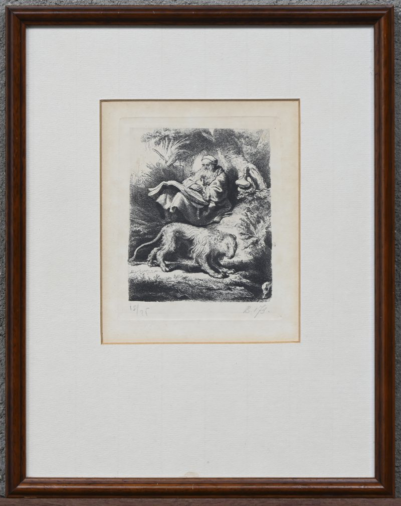 “Naar Rembrandt”. Een kopergravure op papier. 19e eeuw. Onderaan buiten de plaat gesigneerd en genummerd 18/25 - B 173. Verso Fox certificaat.