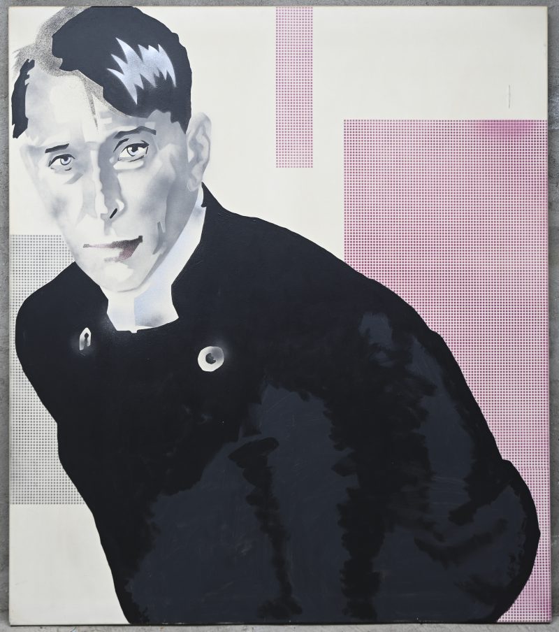 “John Cale”. Spuitbus op doek. Een modernistisch werk door Antwerps kunstenaar Jan Vercruysse, Maur-Ice. Het doek heeft een scheurtje rechts boven. Niet gesigneerd.
