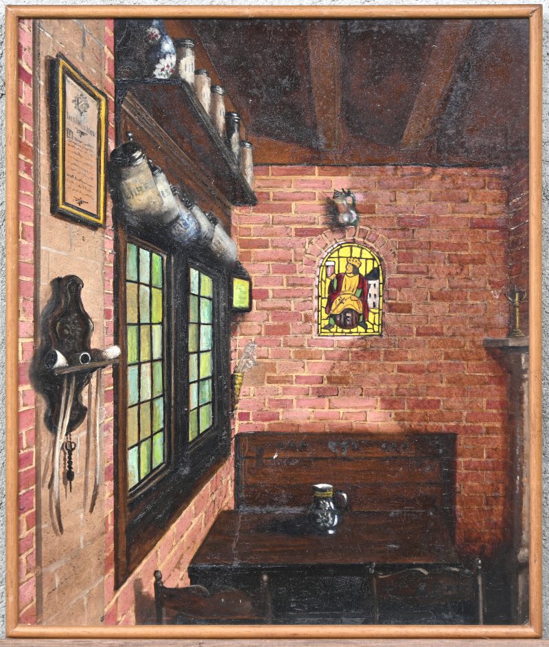 “Herberg interieur”. Een schilderij, olieverf op paneel. Onderaan gesigneerd.