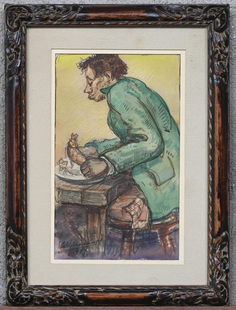 “Haringeter”. Een schilderij, gemengde techniek op papier. Onderaan gesigneerd en gedateerd 1947.
