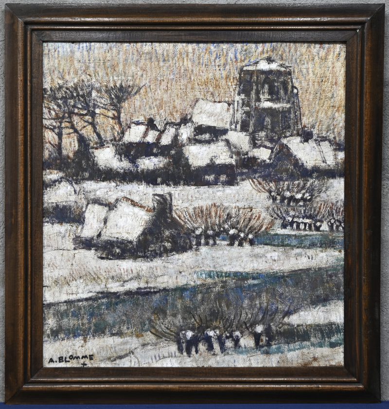 “Oostkerke in winter”. Een schilderij, olieverf op doek. Onderaan gesigneerd.