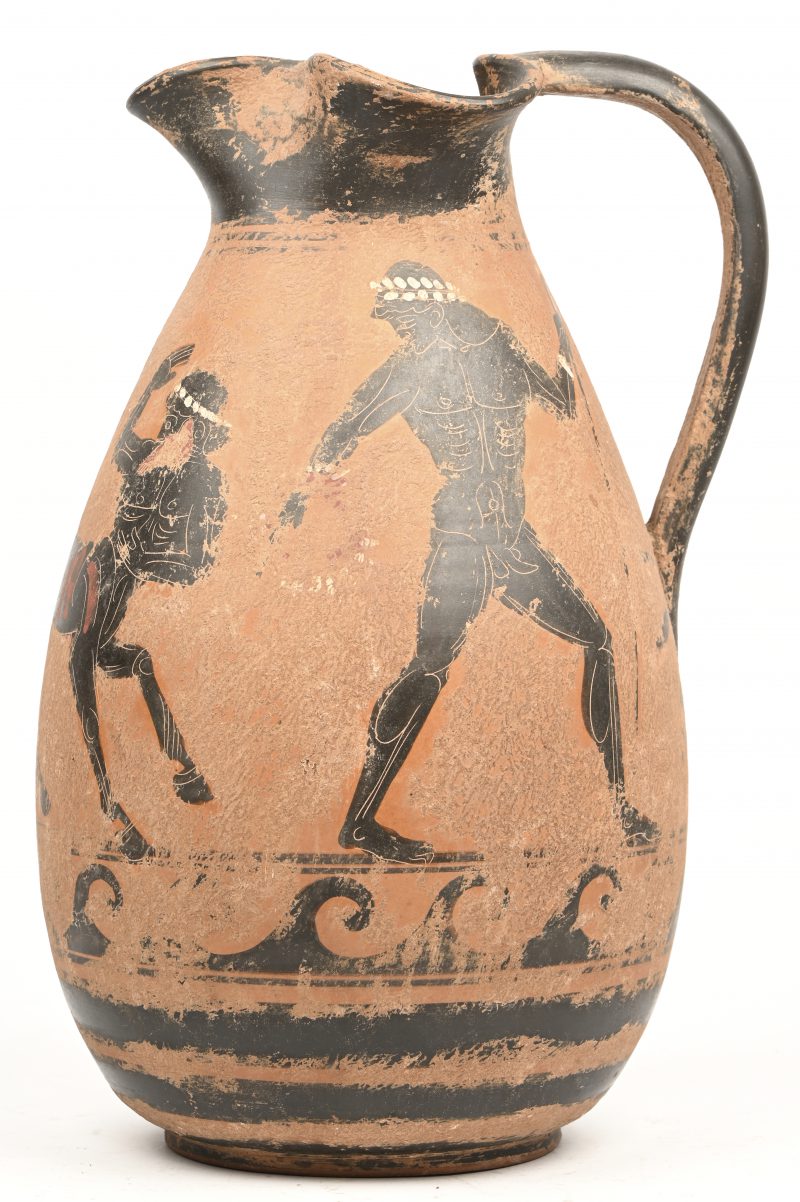 Een naar de oudheid, Grieks aardewerken kruik met mythologisch tafereel.