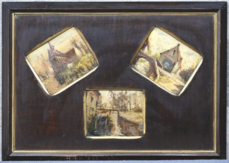“Woluwé”. Een paneel met 3 schilderijtjes, olieverf op paneel. Verso getiteld en gedateerd. Toegeschreven aan Alexandre Tielens.