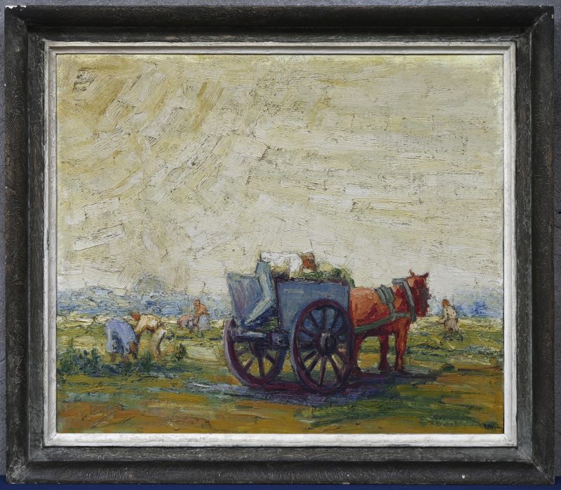 “Landschap met paard en kar”. Een schilderij, olieverf op doek. Onderaan gesigneerd.