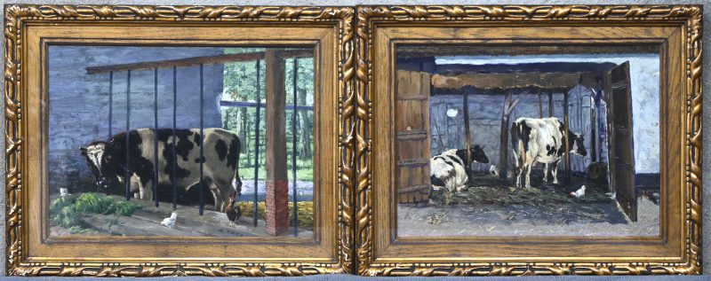 “Koeien en stier op stal”. Een lot van 2 schilderijen, olieverf op doek. Onderaan gesigneerd.