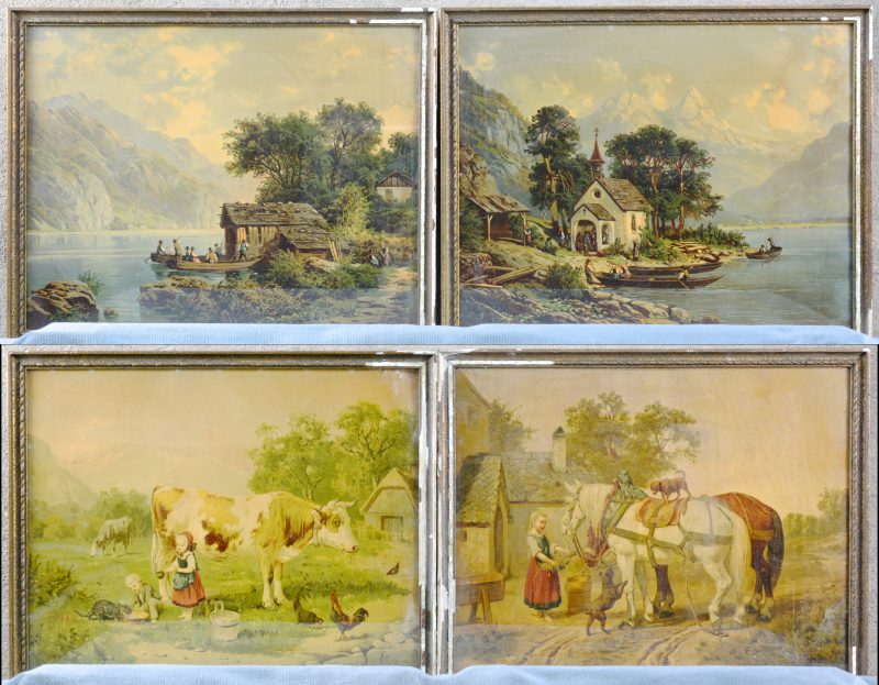 Een lot van vier XIXde eeuwse reproducties. “Voederen van het paard.”, “Kapel aan de oever.” “Vee in de weide” en “Bergmeer.”