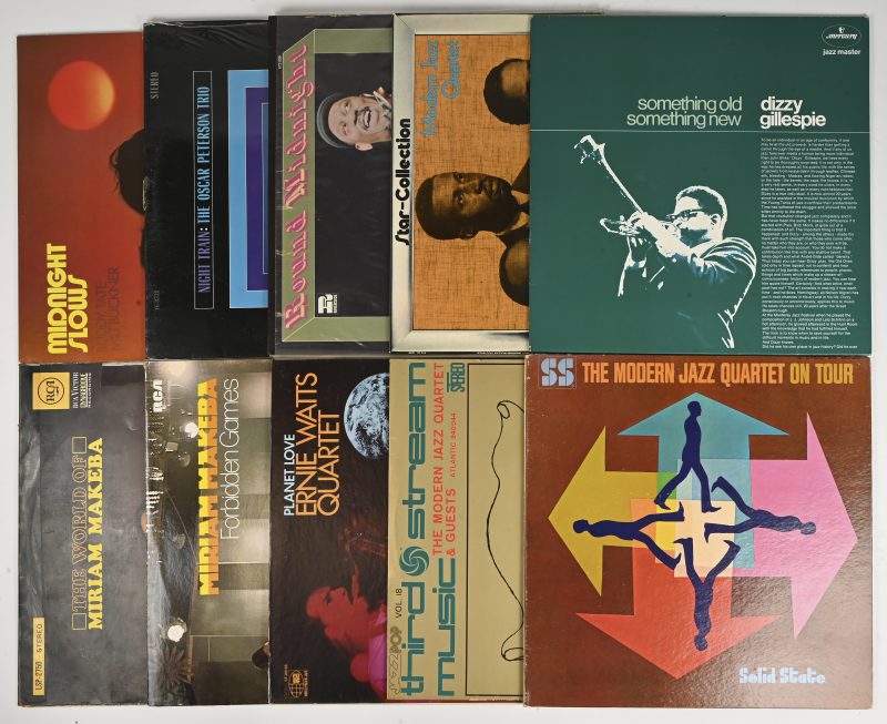 Tien langspeelplaten. *Miriam Makeba, “The World of..” (RCA Victor LSP 2750 Stereo), U.S. 1963 (sletige hoes). “Forbidden Games” (RCA INTS 1436), Duitsland 1973. *Ernie Watts Quartet, “Planet Love” (WPJ ST20155 Stereo), U.S. 1969. *The Modern Jazz Quartet, “Third Stream” (Atlantic 940 044 Sereo), Frankrijk 1970. “On Tour” (Solid State 18035 Stereo), U.S. 1974? “Star Collection” (Midi 20 014 Stereo), Duitsland. * Dizzy Gillespie, “Something old, something new” (Mercury 6336 304 Stereo), Nederland P 1963. Wes Montgomery Trio, “Round Midnight” (Riverside 673 009), Duitsland 1968. *Oscar Peterson Trio, “Night Train” (Verve V6 8538), Duitsland 1963. *Buddy Tate & Milt Buckner, “Midnight Slows” (Black & Blue), Frankrijk 1975.