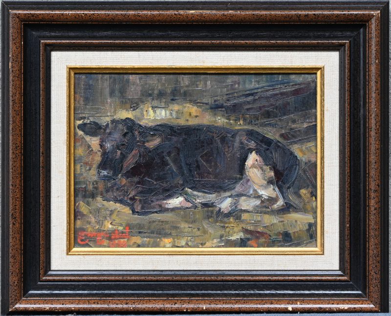 “Koe in rust”. Een schilderij, olieverf op paneel, gesigneerd Georges steel en gedateerd.