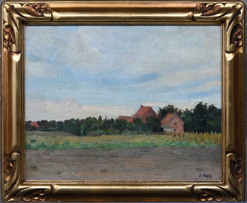 “Landelijk zicht op Turnhout”. Een schilderij, olieverd op doek, gesigneerd H. Diels.