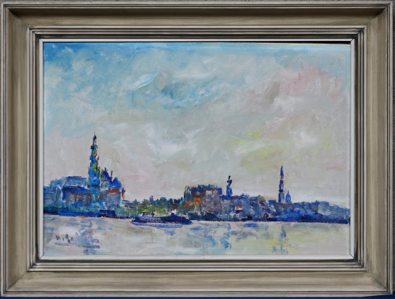 “Antwerpse skyline”. Een schilderij, olieverf op doek, gesigneerd.