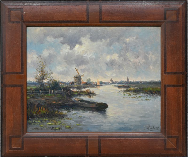 “Hollands landschap”. Een schilderij, olieverf op doek, gesigneerd C. Wolters.