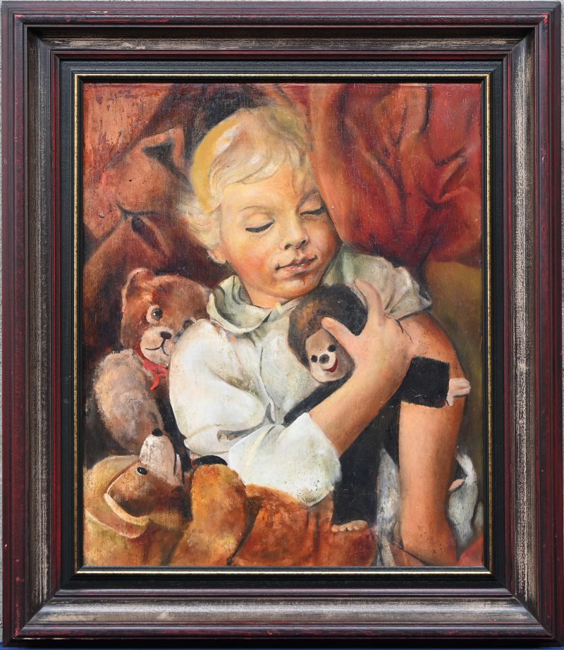 “Kind met knuffels”. Een schilderij, olieverf op paneel.