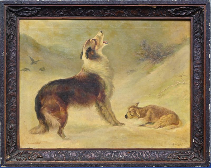 “Winters zicht met dieren”. Een schilderij, olieverf op doek met een hond, een lammetje en 3 vogels. Gesigneerd A. De Cock.