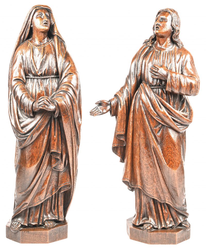 “St-Jan en Maria”. Een lot van 2 hout gesculpteerde beelden. Afkomst antiquair Vanherck.