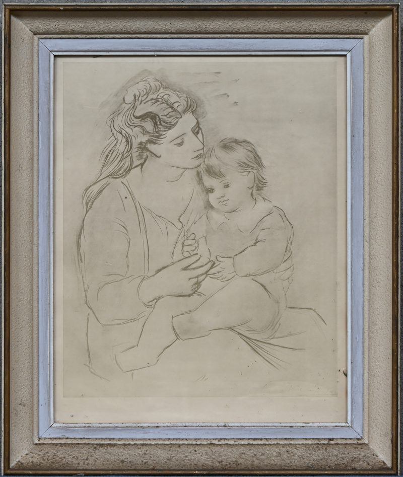 “Moeder met kind”. Een print op papier, naar het werk van Picasso.