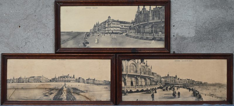 “Ostende”. Een lot van 3 fotoprints op papier. Getiteld “Digue Est”, “Vue Générale” & “Les Grands Hotels”. Begin 20e eeuw. 1 kader met glasbreuk.