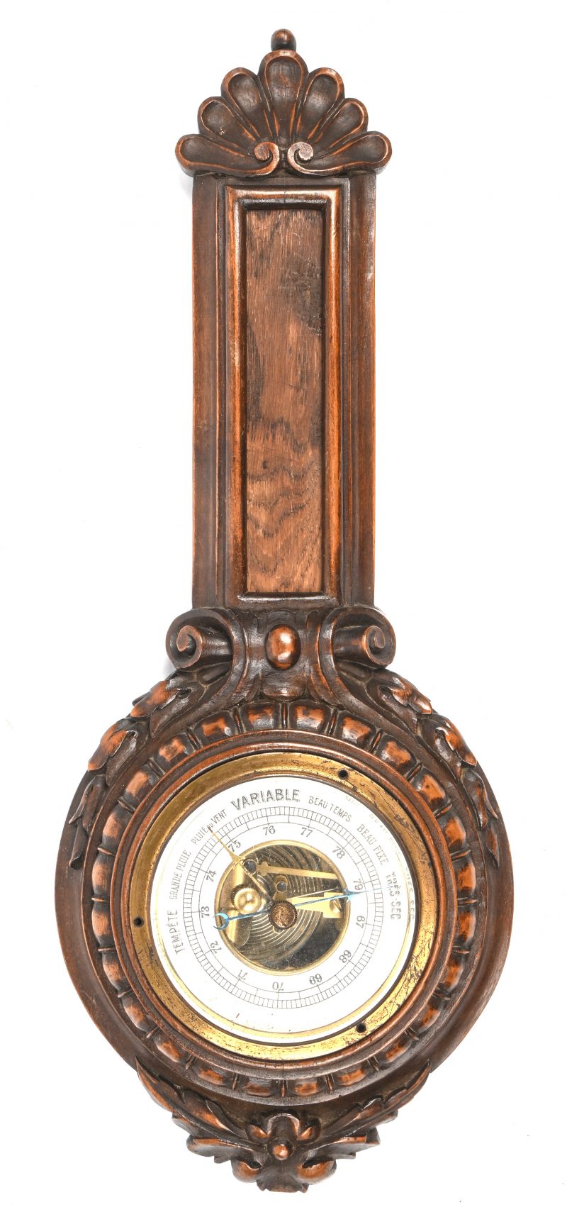 Een antieke houten barometer met gesculpteerde details. Thermometer manco.