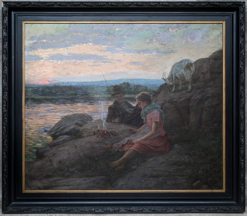 “Jong koppel met geit aan de rivier”. Een schilderij, olieverf op doek in zwarte kader. Gesigneerd A. Ters.