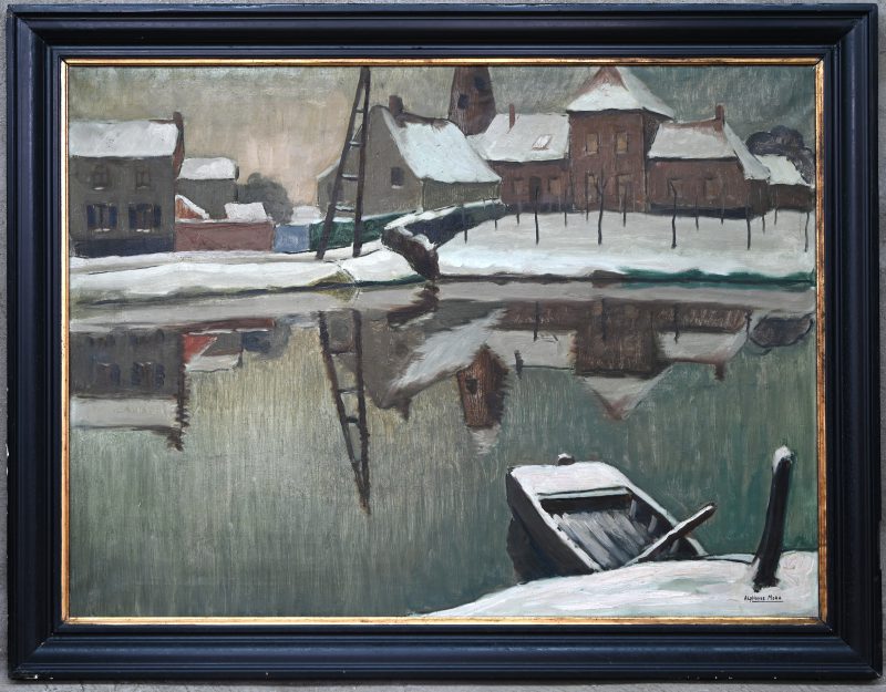 “Winters dorpszicht aan de vijver”. Een schilderij, olieverf op doek, gesigneerd Alphonse Mora.