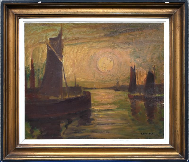 “Zeilboten bij avondgloren”. Een schilderij, olieverf op paneel. Gesigneerd A. Mora.