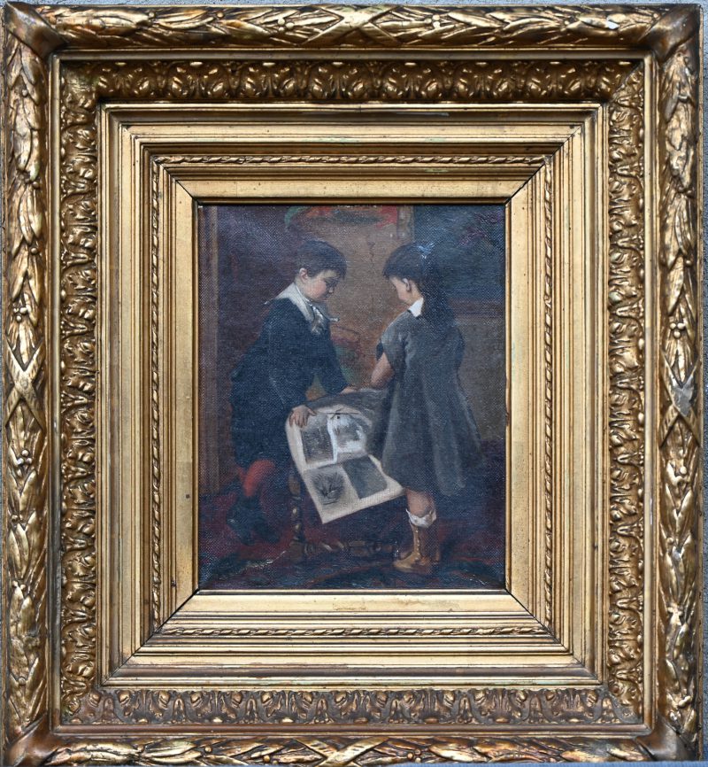 “Foto-album”. Een schilderij, olieverf op doek in vergulde kader. Gesigneerd A. Roosenboom. 19e eeuws.