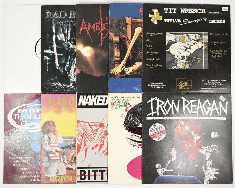 Een lot van 10 lp’s in het punk/hardcore/rock genre bestaande uit: Tit Wrench – Tit Wrench Presents . . . Twelve Swinging Inches (VC30), Buzzov•en – To A Frown (Allied no21), Amebix – The Power Remains (SKULD010), Bad Influence – Preaching To The Perverted (bmr002), New Wet Kojak – Remix EP (AKR03), Iron Reagan – The Tyranny Of Will (RR7270), Various – Let It Bleat - Six Bands From L.A. (gore-4), Naked Aggression – Bitter Youth (skip16), Flag Of Democracy – Down With People (LC7804) en Various – More Than A State Of Mind (LS9402).