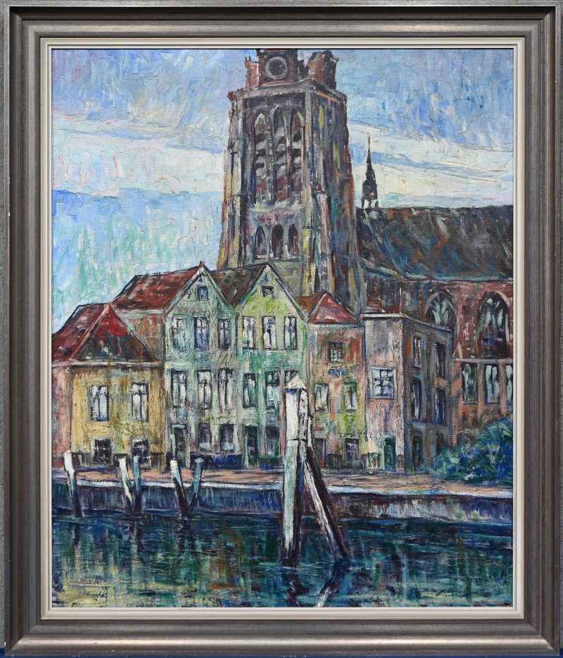 “Onze-Lieve-Vrouwekerk te Dordrecht”. Een schilderij, olieverf op doek. Onderaan gesigneerd.