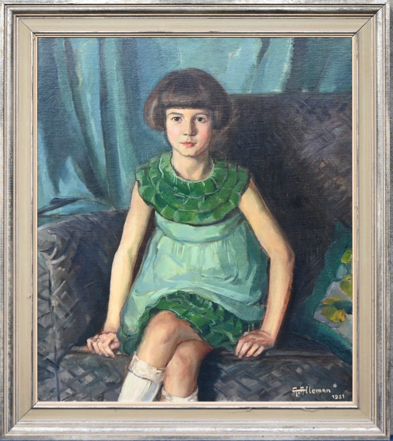 “Kinderportret van Mevrouw Williame”. Een schilderij, olieverf op doek, gemarouffleerd. Onderaan gesigneerd en gedateerd 1931.