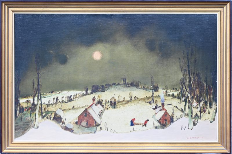 “Winterlandschap bij avondval”. Een schilderij, olieverf op board. Onderaan gesigneerd en gedateerd 1931.
