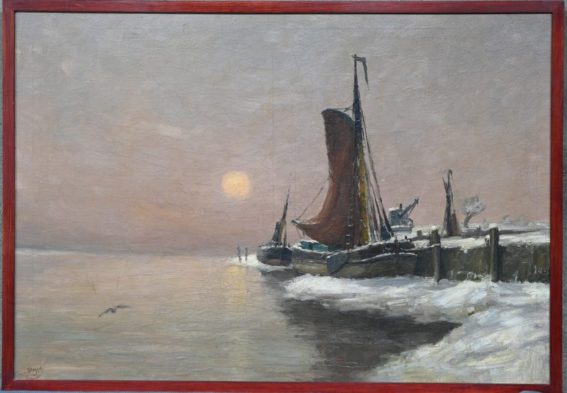 “Winterzicht Schelde”. Een schilderij, olieverf op paneel. Onderaan gesigneerd, gedateerd 1882, “Anvers”.