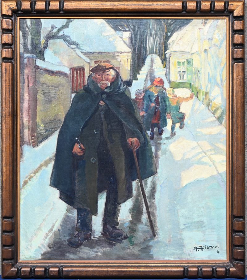 “Oude man in winters straattafereel”. Een schilderij, olieverf op doek, gemarouffleerd.