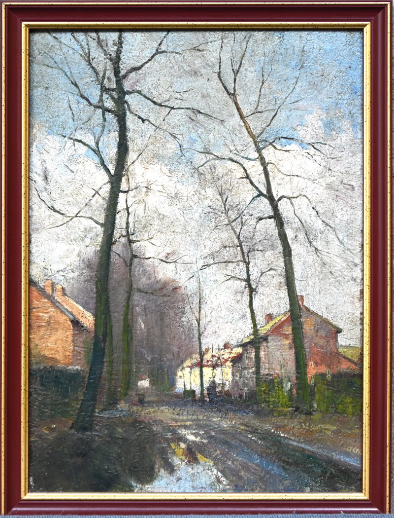 “Dorpszicht met bomen”. Een schilderij, olieverf op paneel, achteraan getekend J. Vogels.