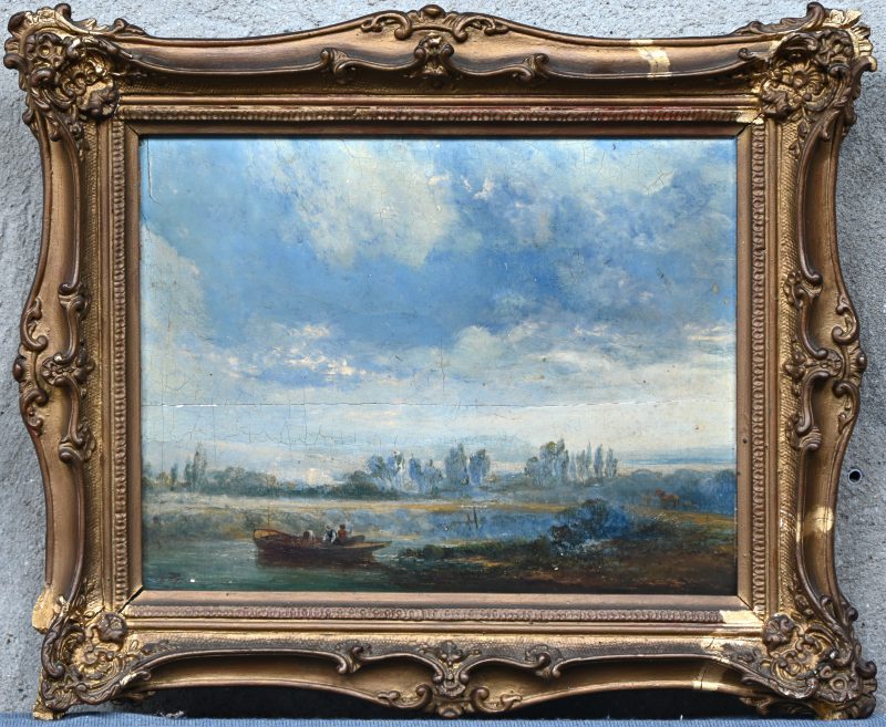 “Weids zicht met sloep”. Een schilderij, olieverf op paneel, draagt handtekening ‘Henry Dawson’. Het paneel is doormidden gebarsten. 19e eeuws.