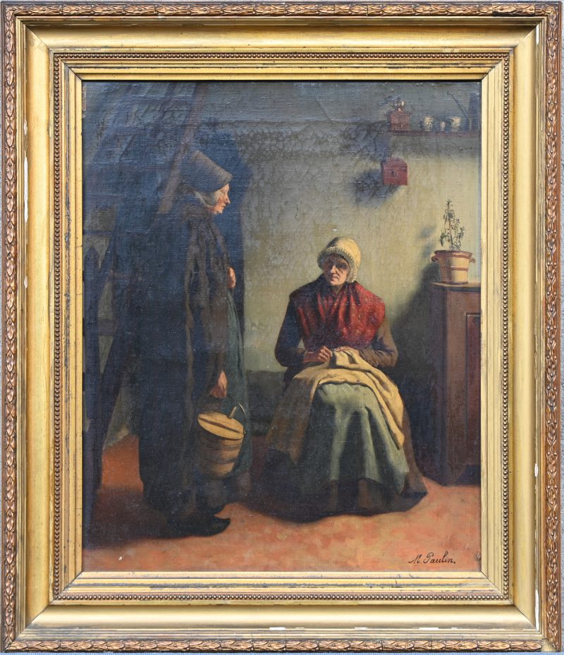 “Interieur met twee dames”. Een 19e eeuws schilderij, olieverf op doek in vergulde kader, gesigneerd M. Paulin.