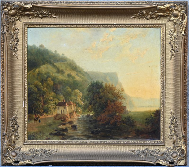 “Landschap met berg”. Een 19e eeuws schilderij, olieverf op doek in vergulde kader, gesigneerd N.J. Roosenboom.