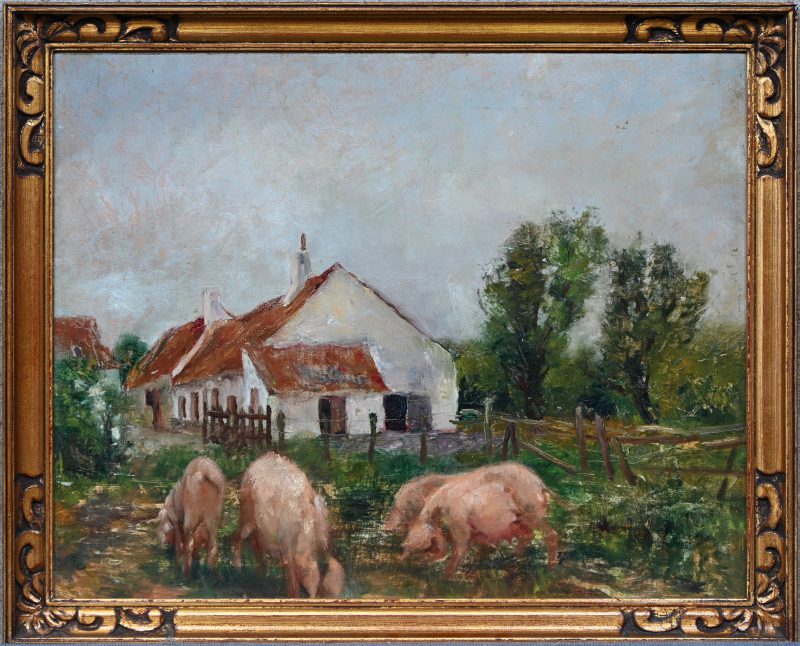“Hoeve in Vlaanderen”. Een schilderij, olieverf op paneel, toegeschreven aan Gérard Roosen. Achteraan een studie van varkens.