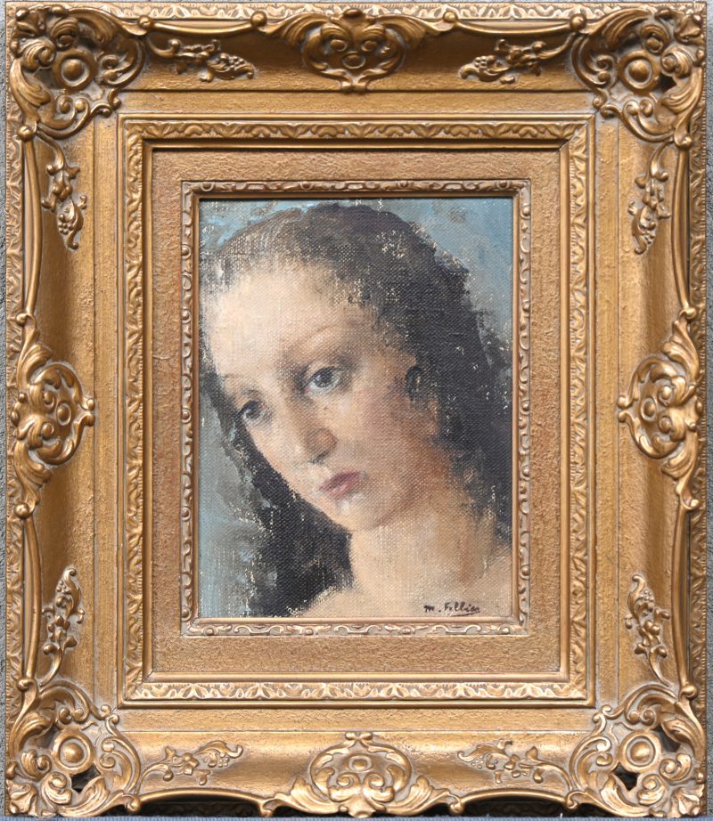 “Damesportret”. Een schilderij, olieverf op doek in vergulde kader, getekend M. Felbier.