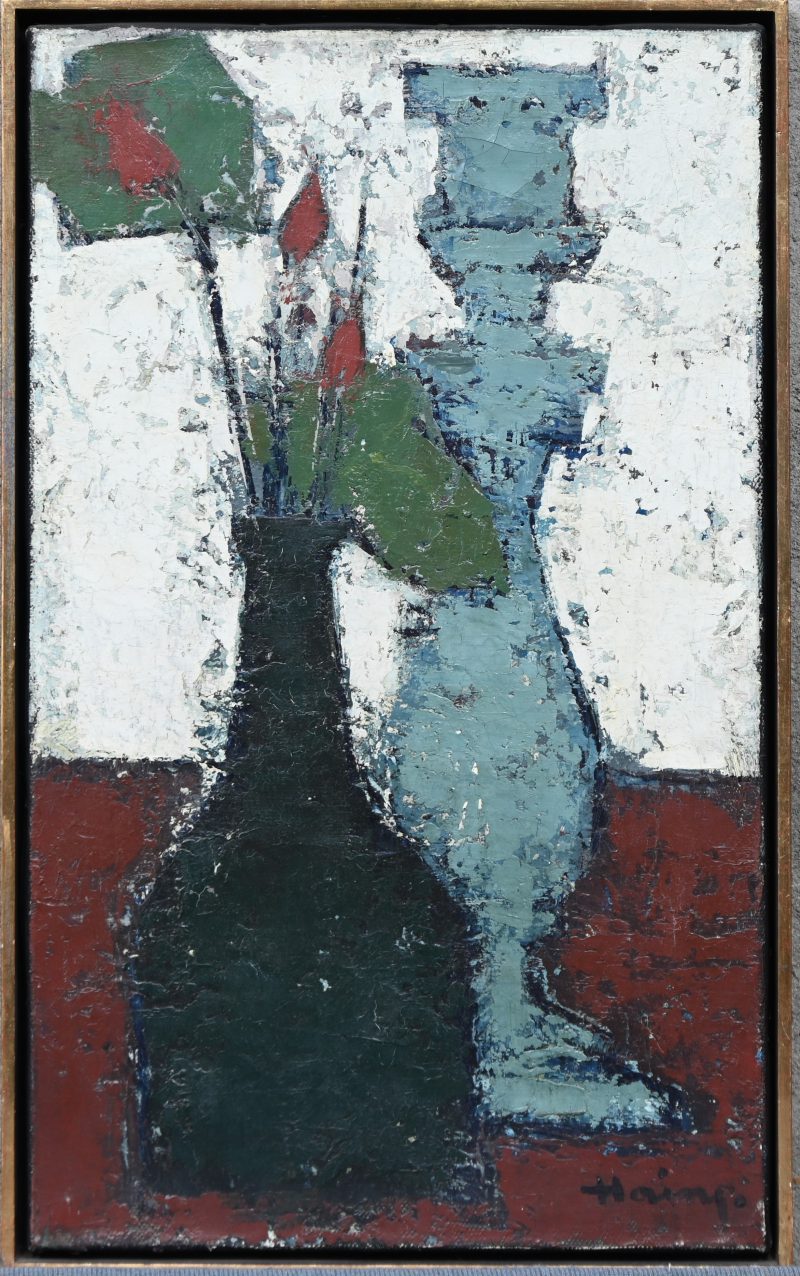 “Le bougeoir de verre”. Een schilderij, olieverf op doek, gesigneerd Haine en verso gedateerd 1964.