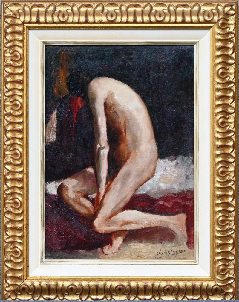 “Zittend naakt”. Een schilderij, olieverf op doek, gesigneerd N. Rekinger.